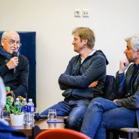 Seminaras apie smurtą kine. Su Nerijumi Mileriu ir Tomu Kiauka. 2017 m. Vytauto Petriko nuotr.